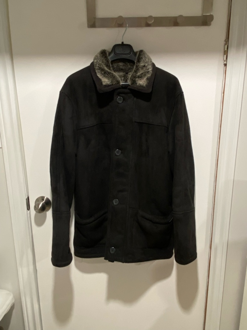 Men's Black Faux Suede Pea Coat with Faux Fur Collar